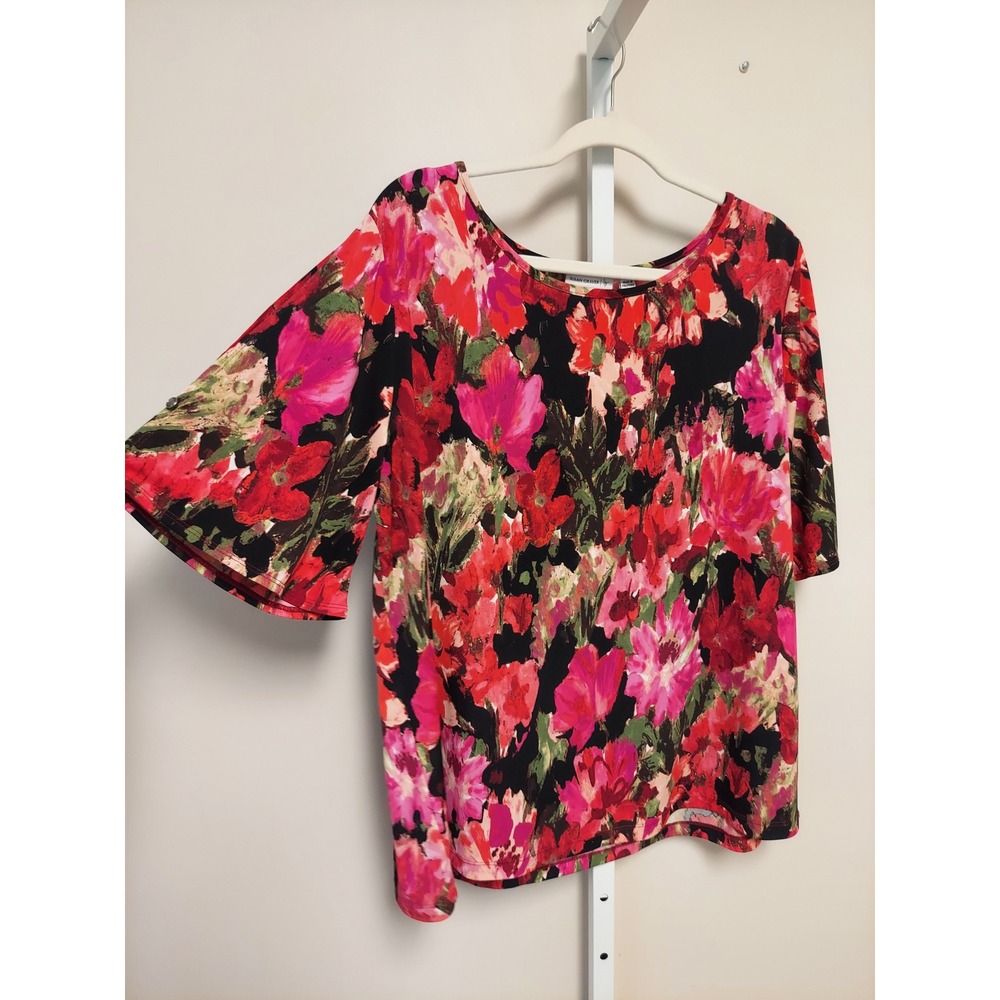 Susan Graver XL Floral Bell Sleeve Top Dark Floral Blouse Office Romantic